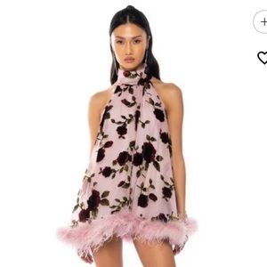 Feather Trim Rose Print Trapeze High Neck Dress